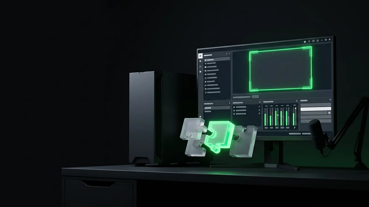 Illustration (générée par IA) : poste de streamer de nuit, logiciel de diffusion à l'écran et modules qui s'emboîtent