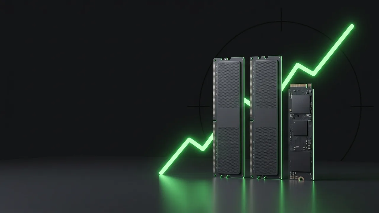 Illustration (générée par IA) : barrettes de RAM et SSD devant une courbe de prix qui monte