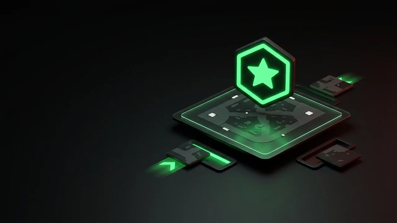 Illustration (générée par IA) : carte tactique vue de dessus, badge de note vert et deux cartes entrant et sortant du pool