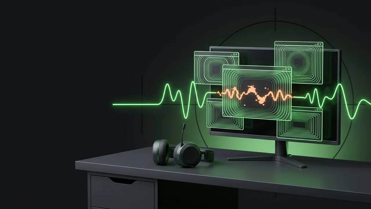 Illustration (générée par IA) : écran et casque gaming, onde sonore avec un segment en panne