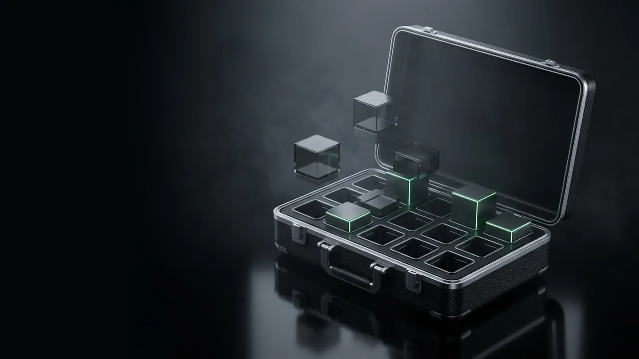 Mallette ouverte dont les modules en verre fumé viennent s'emboîter un par un